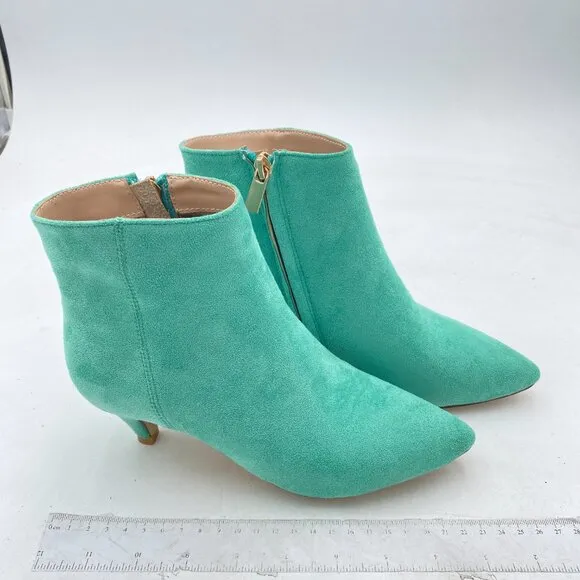 XYD Turquoise Low Kitten Heel Pointed Closed Toe Side Zipper Prom Ankle Boots