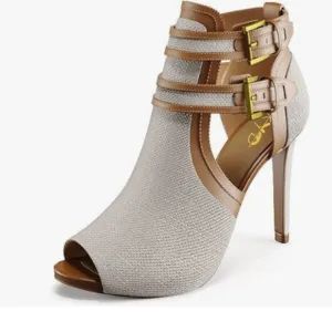 XYD Women Peep Toe Ankle Bootie High Heels Buckled Double Straps Cutout Tan