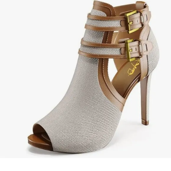 XYD Women Peep Toe Ankle Bootie High Heels Buckled Double Straps Cutout Tan