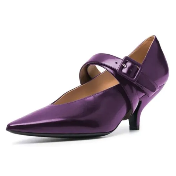 XYD Women Retro Pointed Toe Strappy Pumps Mary Jane Mid Kitten Heels Purple Shoe