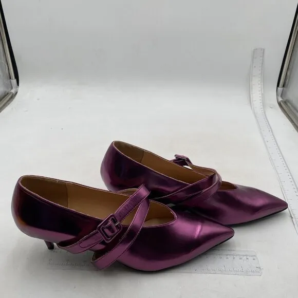 XYD Women Retro Pointed Toe Strappy Pumps Mary Jane Mid Kitten Heels Purple Shoe