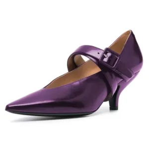 XYD Women Retro Pointed Toe Strappy Pumps Mary Jane Mid Kitten Heels Purple Shoe