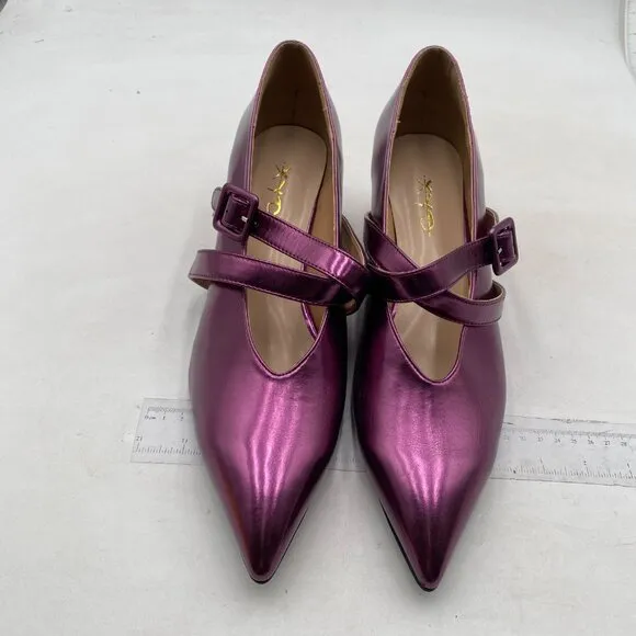 XYD Women Retro Pointed Toe Strappy Pumps Mary Jane Mid Kitten Heels Purple Shoe