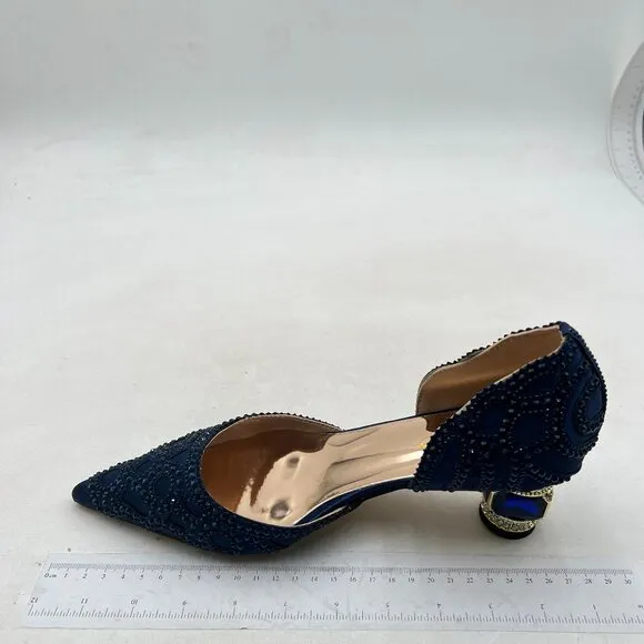 XYD Women's Pumps, Elegant Pointed Toe, D'Orsay Crystal Chunky Low Heels Navy