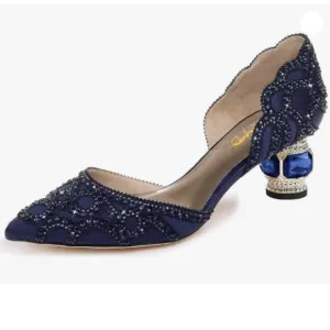 XYD Women's Pumps, Elegant Pointed Toe, D'Orsay Crystal Chunky Low Heels Navy