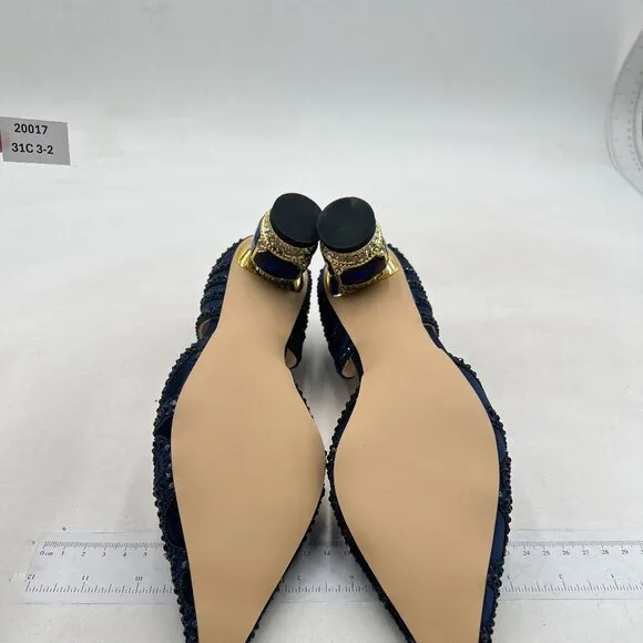 XYD Women's Pumps, Elegant Pointed Toe, D'Orsay Crystal Chunky Low Heels Navy