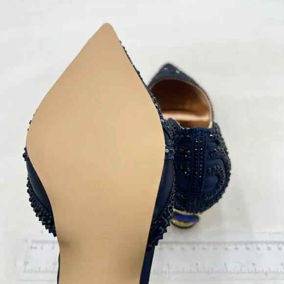 XYD Women's Pumps, Elegant Pointed Toe, D'Orsay Crystal Chunky Low Heels Navy