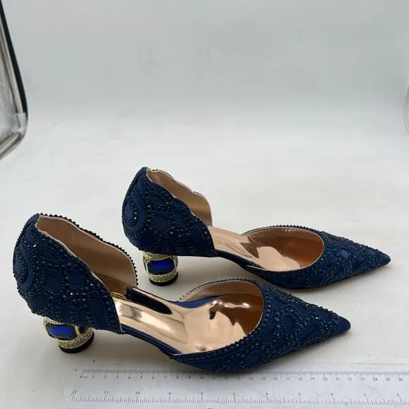 XYD Women's Pumps, Elegant Pointed Toe, D'Orsay Crystal Chunky Low Heels Navy