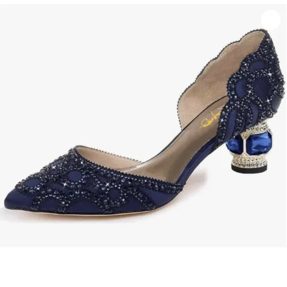 XYD Women's Pumps, Elegant Pointed Toe, D'Orsay Crystal Chunky Low Heels Navy