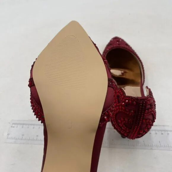 XYD Women's Pumps,Pointed Toe, D'Orsay Kitten Low Heels, Rhinestone Studs Red