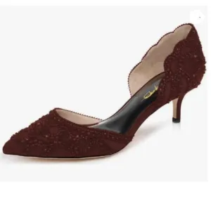 XYD Women's Pumps,Pointed Toe, D'Orsay Kitten Low Heels, Rhinestone Studs Red