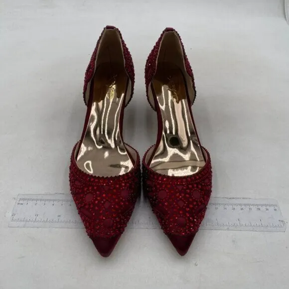 XYD Women's Pumps,Pointed Toe, D'Orsay Kitten Low Heels, Rhinestone Studs Red