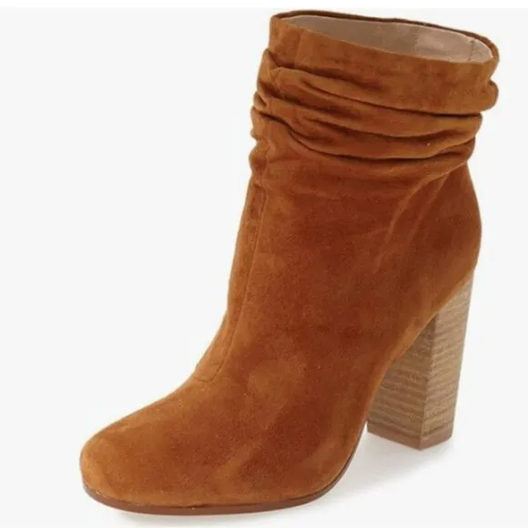 YDN Brown Pull on Boot Chunky Heel Slouch Ankle Boots Round Toe Stacked Shoe