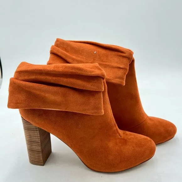 YDN Brown Pull on Boot Chunky Heel Slouch Ankle Boots Round Toe Stacked Shoe