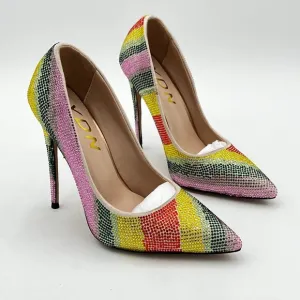 YDN Rainbow Chic Pointed Closed Toe Mid Heel Pumps Slip on Stilettos Slide