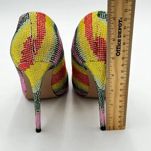 YDN Rainbow Chic Pointed Closed Toe Mid Heel Pumps Slip on Stilettos Slide