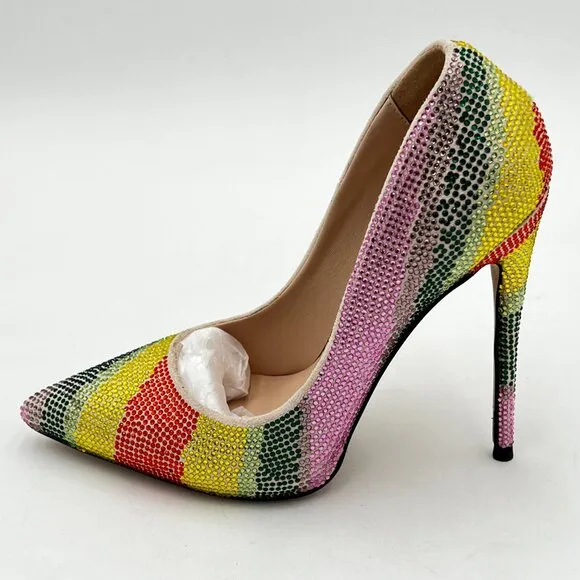 YDN Rainbow Chic Pointed Closed Toe Mid Heel Pumps Slip on Stilettos Slide