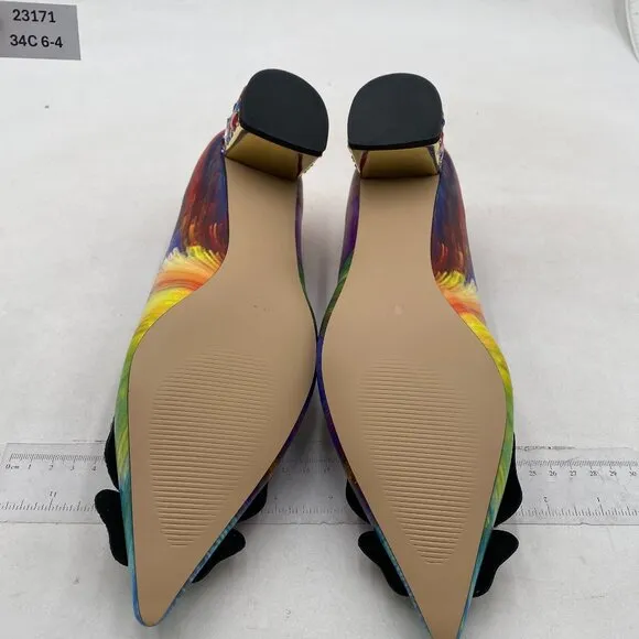 YDN Women Pointed Toe Bow Pump Rhinestone Block Low Heel Butterfly Multi Shoes