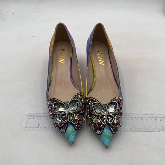 YDN Women Pointed Toe Bow Pump Rhinestone Block Low Heel Butterfly Multi Shoes