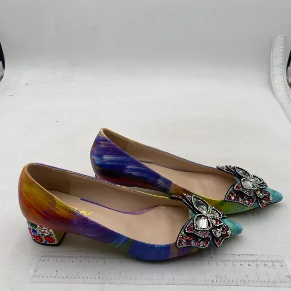YDN Women Pointed Toe Bow Pump Rhinestone Block Low Heel Butterfly Multi Shoes