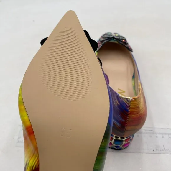 YDN Women Pointed Toe Bow Pump Rhinestone Block Low Heel Butterfly Multi Shoes