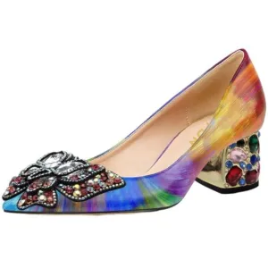 YDN Women Pointed Toe Bow Pump Rhinestone Block Low Heel Butterfly Multi Shoes