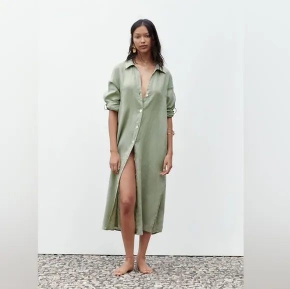 Zara 100% Linen Midi Shirtdress Size XS and S