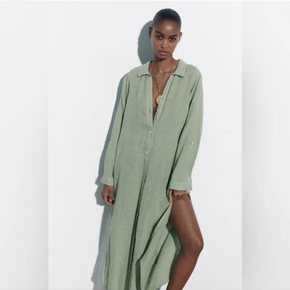 Zara 100% Linen Midi Shirtdress Size XS and S