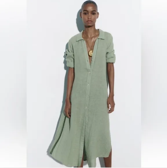 Zara 100% Linen Midi Shirtdress Size XS and S