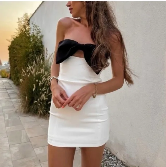Zara Black &amp; White Bow Detail Strapless Mini Dress Size XL