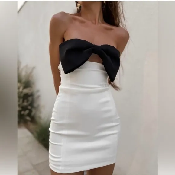 Zara Black &amp; White Bow Detail Strapless Mini Dress Size XL
