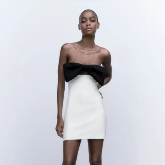 Zara Black &amp; White Bow Detail Strapless Mini Dress Size XL