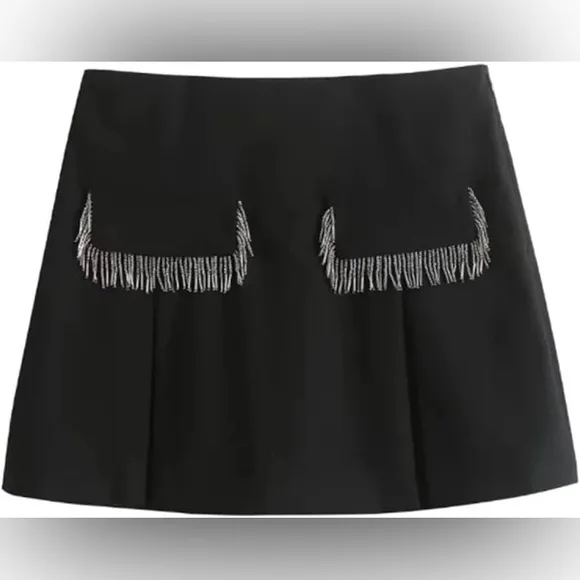 Zara black mini skirt with built in shorts / skort, tassel front pockets