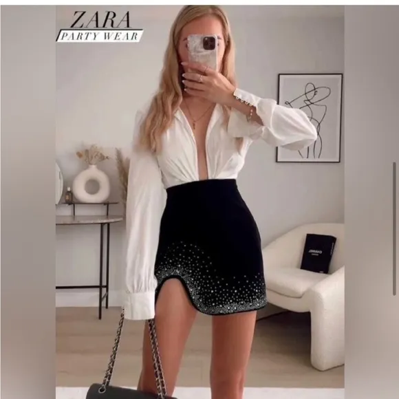 Zara black velvet mini skirt with rhinestone embellished jewels asymmetrical hem