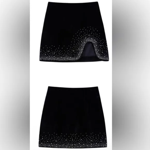 Zara black velvet mini skirt with rhinestone embellished jewels asymmetrical hem