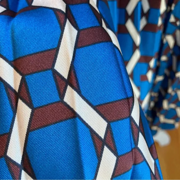 ZARA Blue Burgundy Geometric Print Pleated Asymmetrical Satin Midi Skirt
