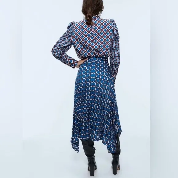 ZARA Blue Burgundy Geometric Print Pleated Asymmetrical Satin Midi Skirt