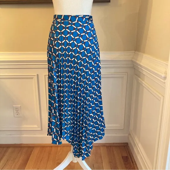 ZARA Blue Burgundy Geometric Print Pleated Asymmetrical Satin Midi Skirt