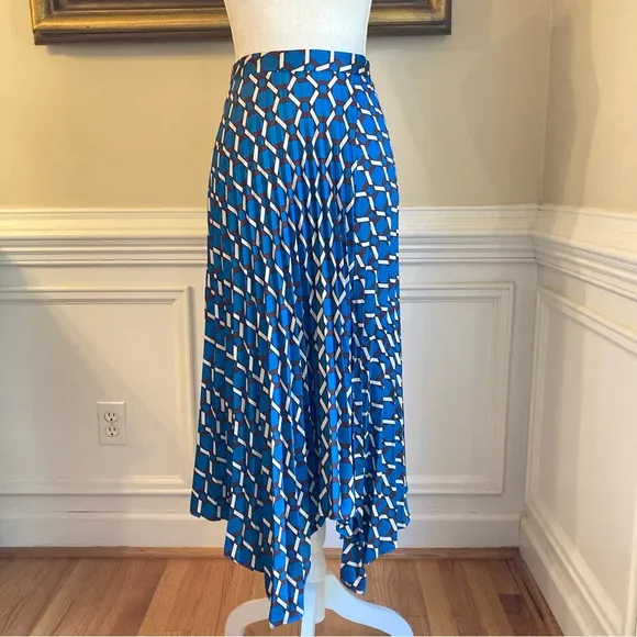ZARA Blue Burgundy Geometric Print Pleated Asymmetrical Satin Midi Skirt