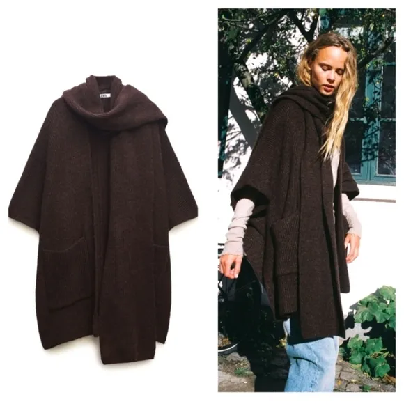 ZARA  Coat Cape with Scarf Brown size S and M