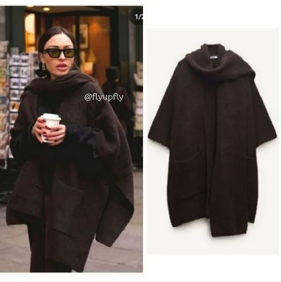 ZARA  Coat Cape with Scarf Brown size S and M