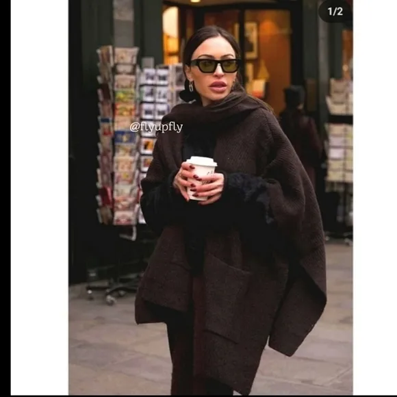 ZARA  Coat Cape with Scarf Brown size S and M