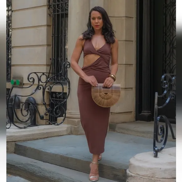 ZARA CUT OUT MIDI DRESS BROWN SIZE XXL