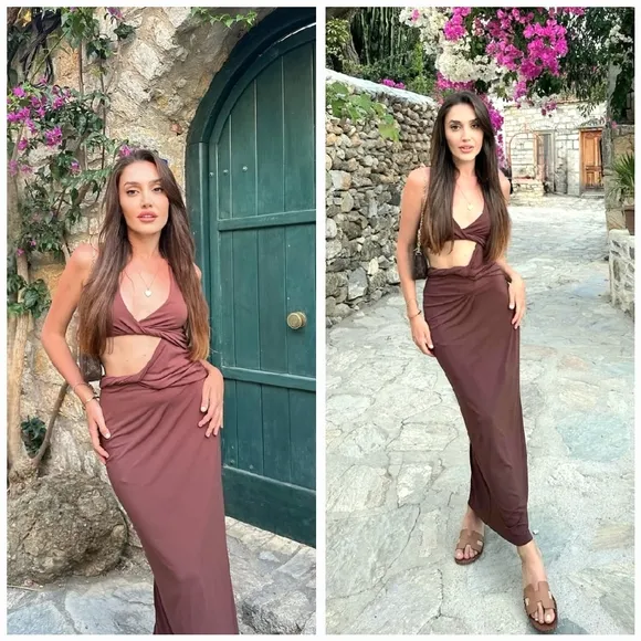 ZARA CUT OUT MIDI DRESS BROWN SIZE XXL