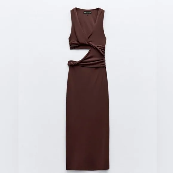 ZARA CUT OUT MIDI DRESS BROWN SIZE XXL