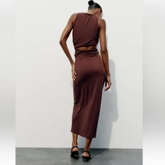 ZARA CUT OUT MIDI DRESS BROWN SIZE XXL