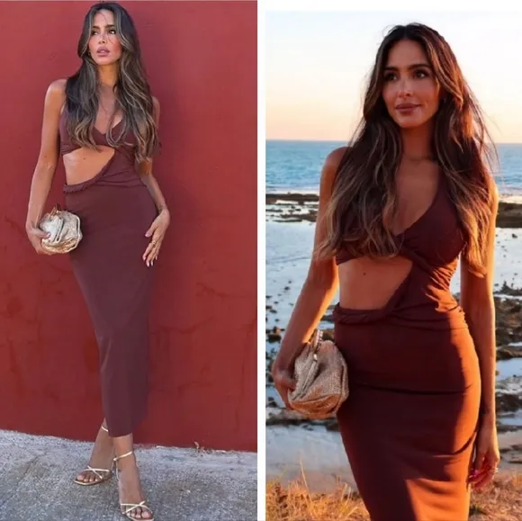 ZARA CUT OUT MIDI DRESS BROWN SIZE XXL