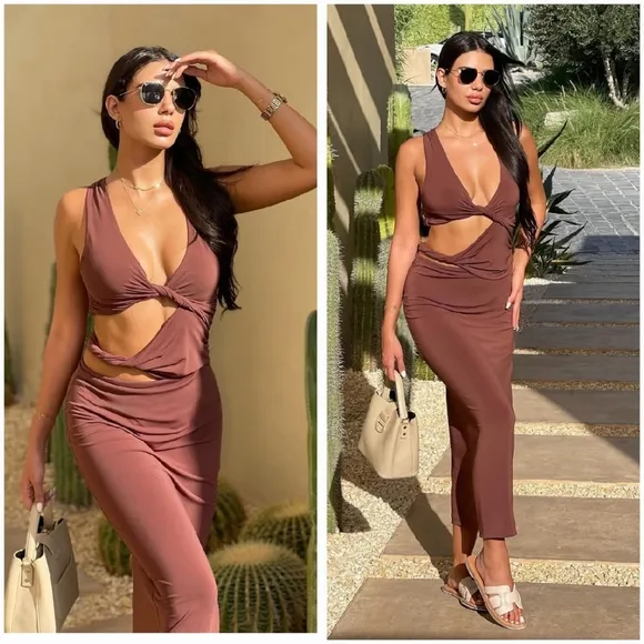 ZARA CUT OUT MIDI DRESS BROWN SIZE XXL