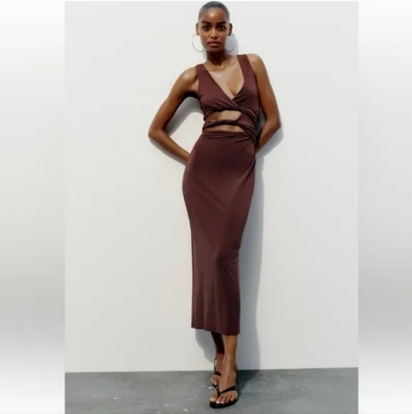 ZARA CUT OUT MIDI DRESS BROWN SIZE XXL