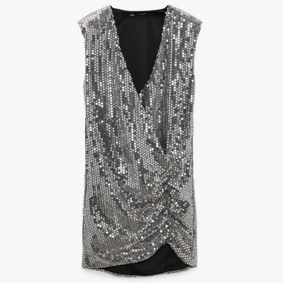 ZARA * Draped sequin mini dress  silver metallic